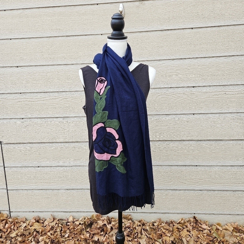 navy blue pashmina scarf with pink and green oversized embroidered flower